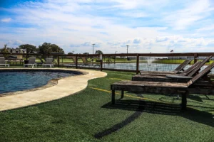 Pet-friendly walking areas and open green space at Sunset View RV Resort in North Texas